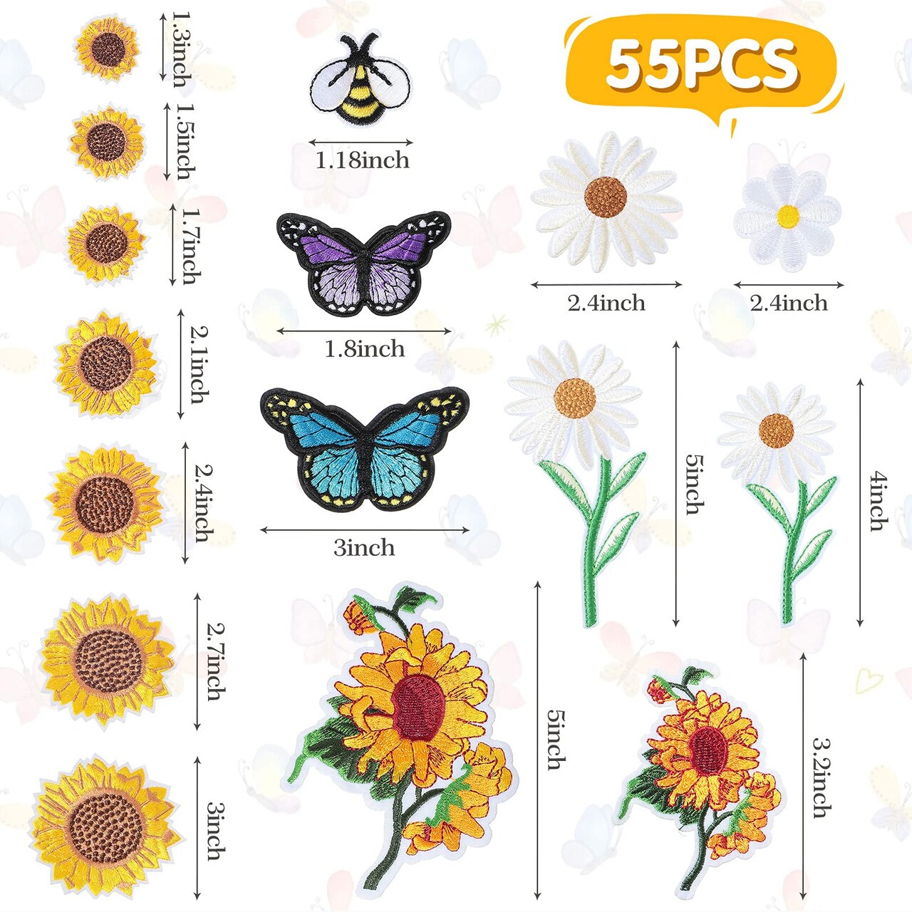 55 PCS Embroidered Flowers Iron on Patches Butterfly Sew on Patch Sunflowers Appliques Patches Bee Embroidered Patches Decoration DIY Craft Patches for Clothes Jackets Jeans Dress Pants Decor
